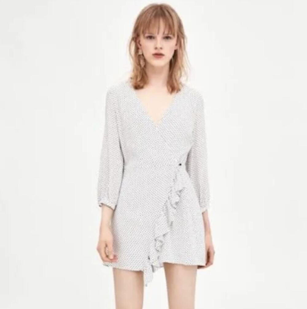 Zara Polka Dot Mini Wrap Romper White Black Ruffle Viscose Long Sleeve XS